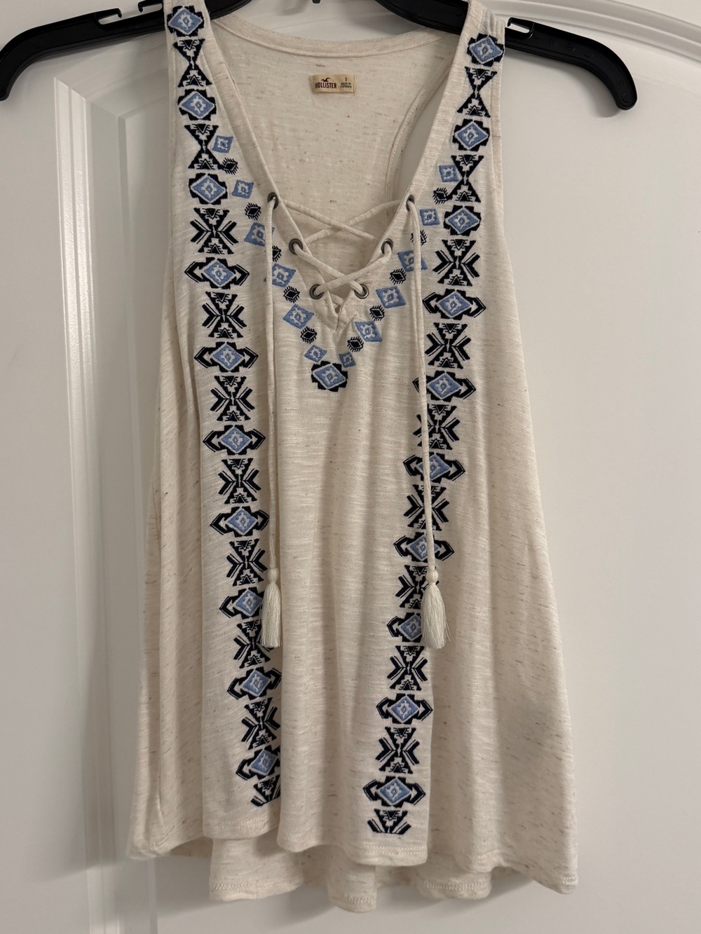 Hollister Cream Sleeveless Lace-Up Tank with Blue Embroidery